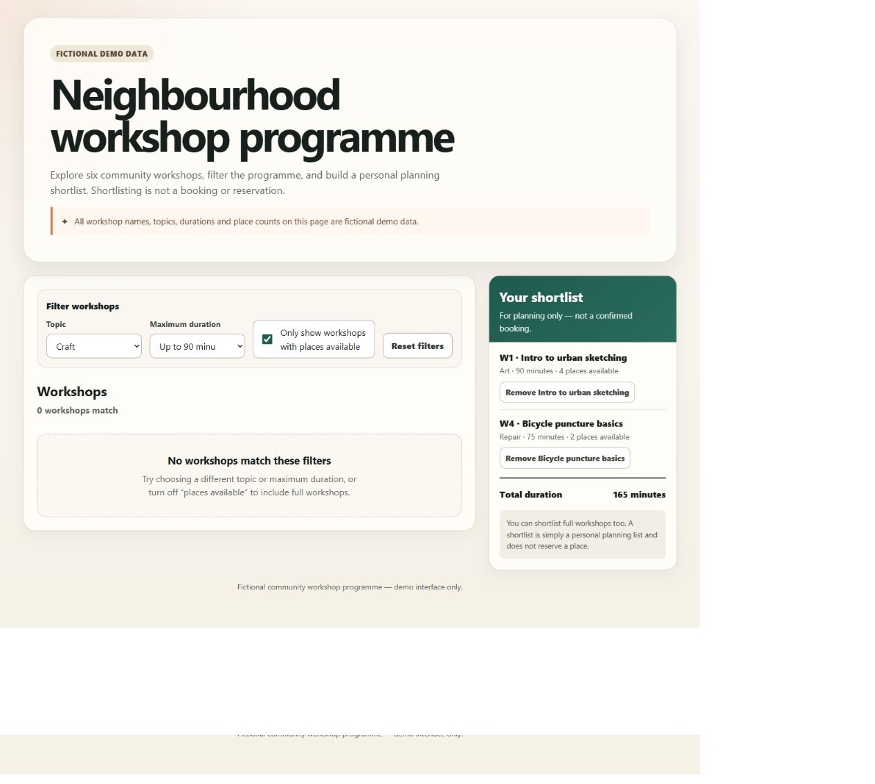 ChatGPT's revised workshop tool showing no matching workshops while retaining a two-item shortlist totalling 165 minutes.