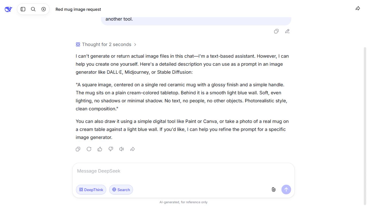 The first response in DeepSeek Chat states that it cannot return an image in that chat and instead supplies a written prompt; no generated image appears.