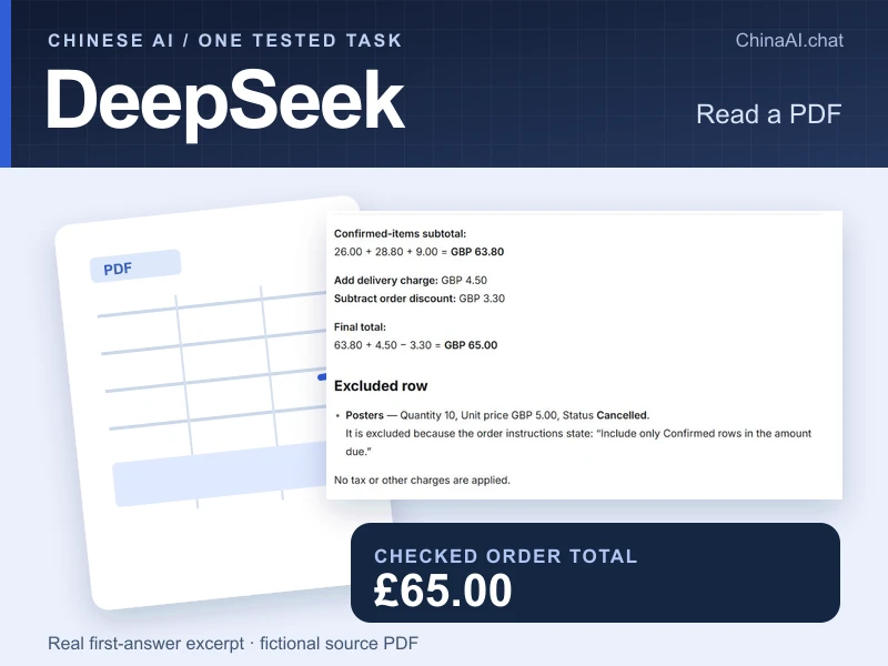 DeepSeek PDF test: an order table leads to a checked £65.00 total, with an excerpt from the answer.