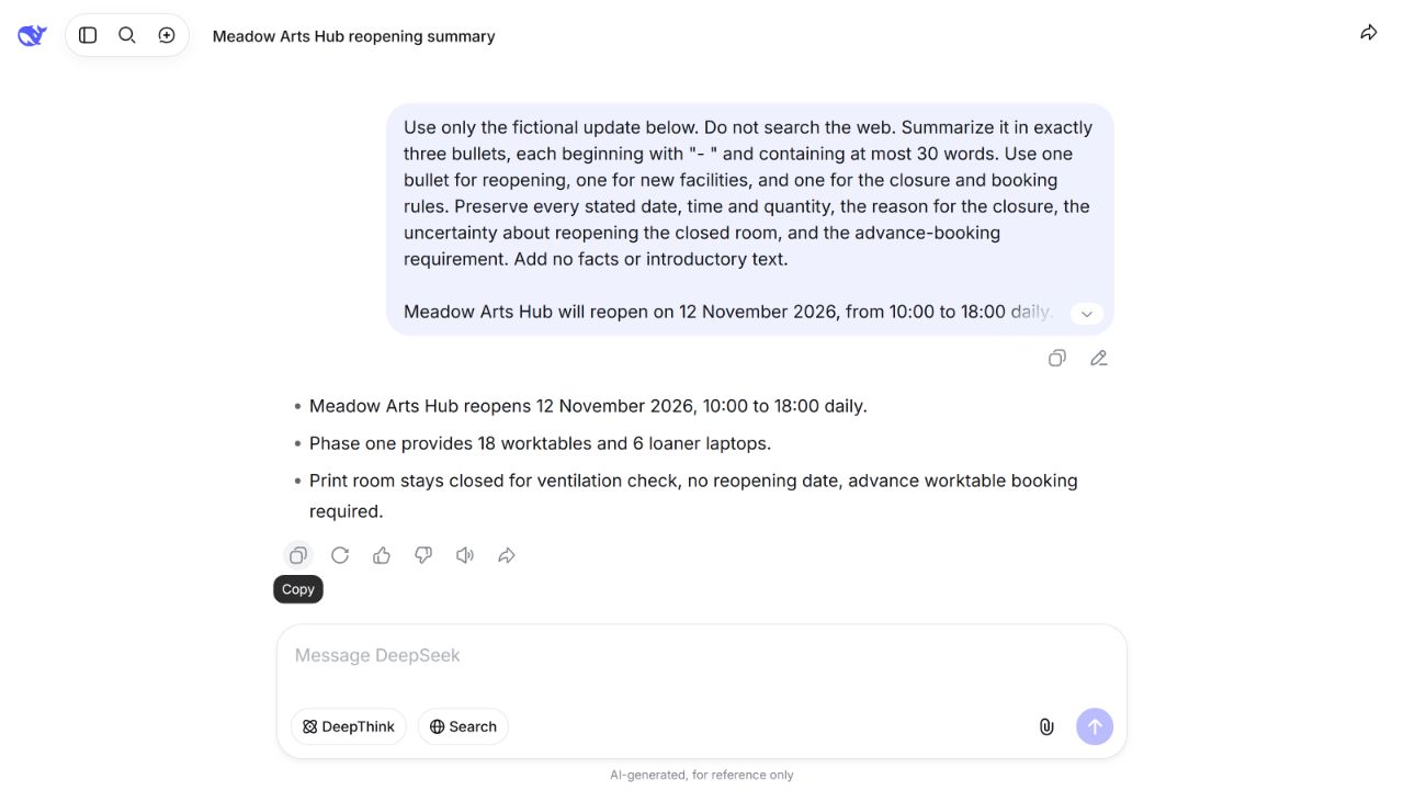DeepSeek first summary explicitly says advance worktable booking required.