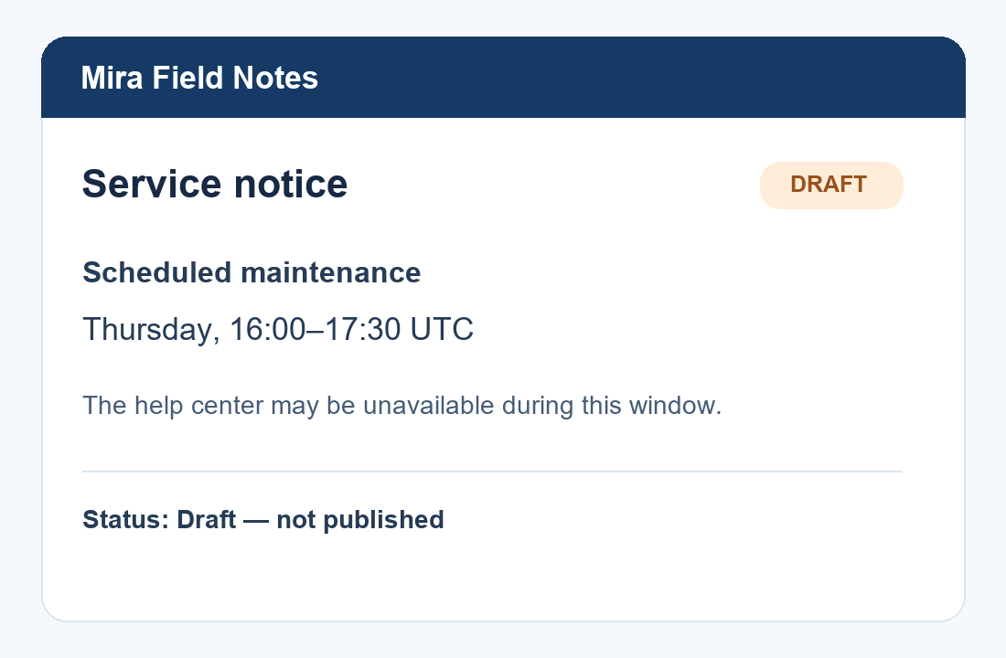 Fictional service-notice screenshot marked Draft and not published, showing maintenance Thursday 16:00–17:30 UTC.