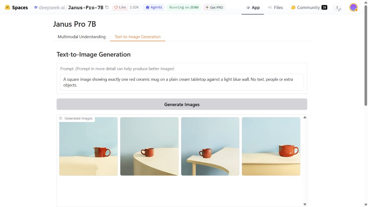 Janus-Pro-7B Hugging Face Space showing the red-mug prompt and four first-run generated images in its Text-to-Image Generation tab.