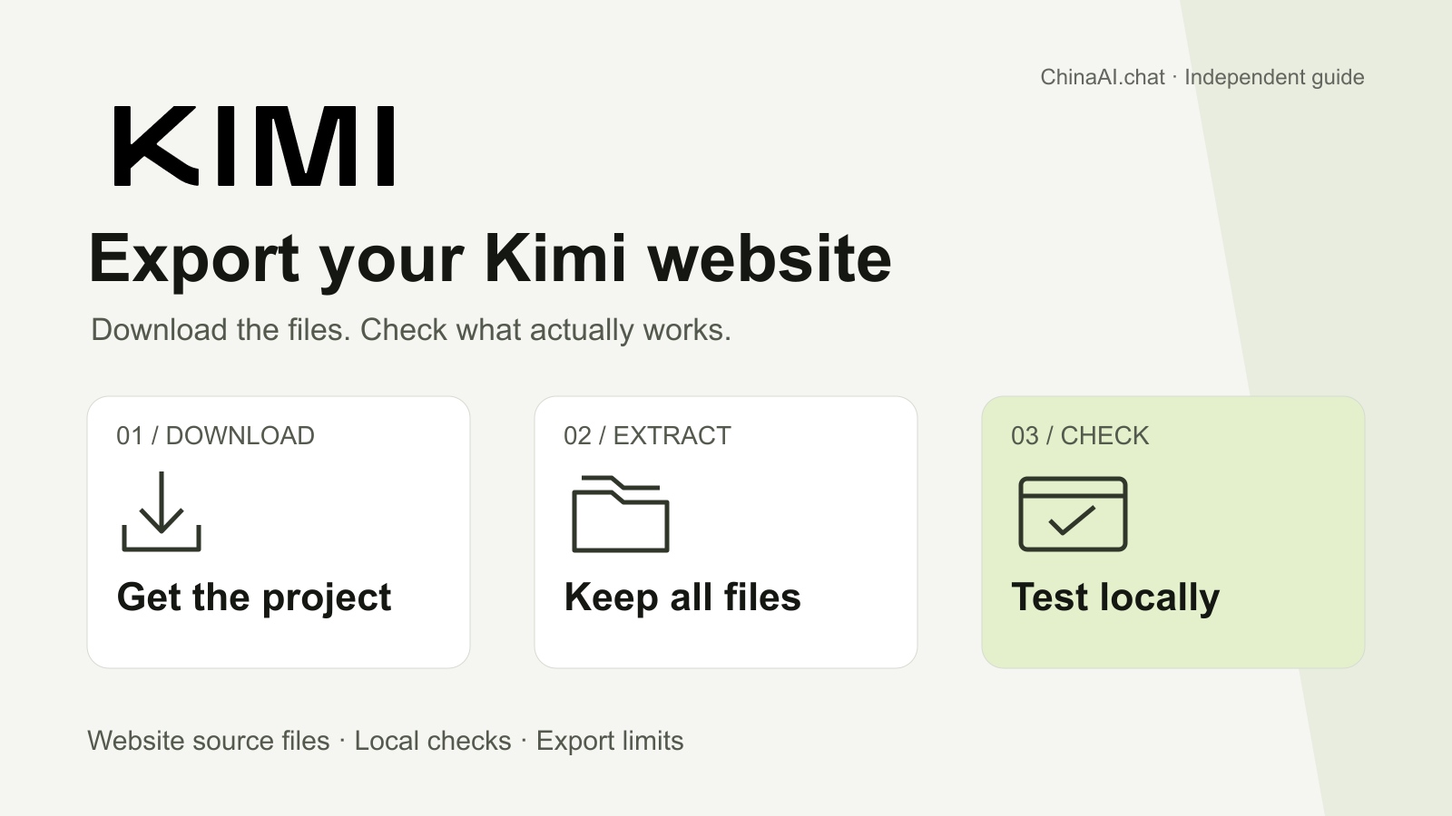 Export a Kimi website: download the project, keep its files together, and check it locally.