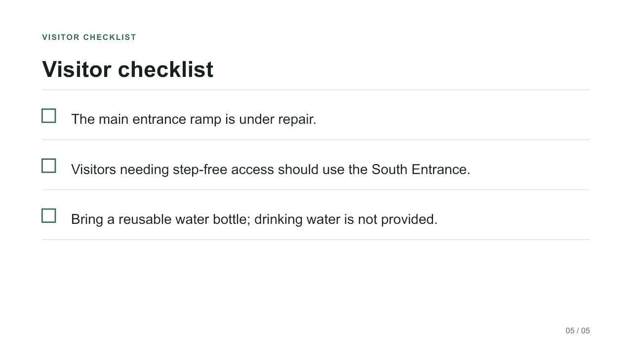 Preview rendered from the downloaded Kimi PPTX, showing the complete South Entrance and water-bottle instructions on slide five