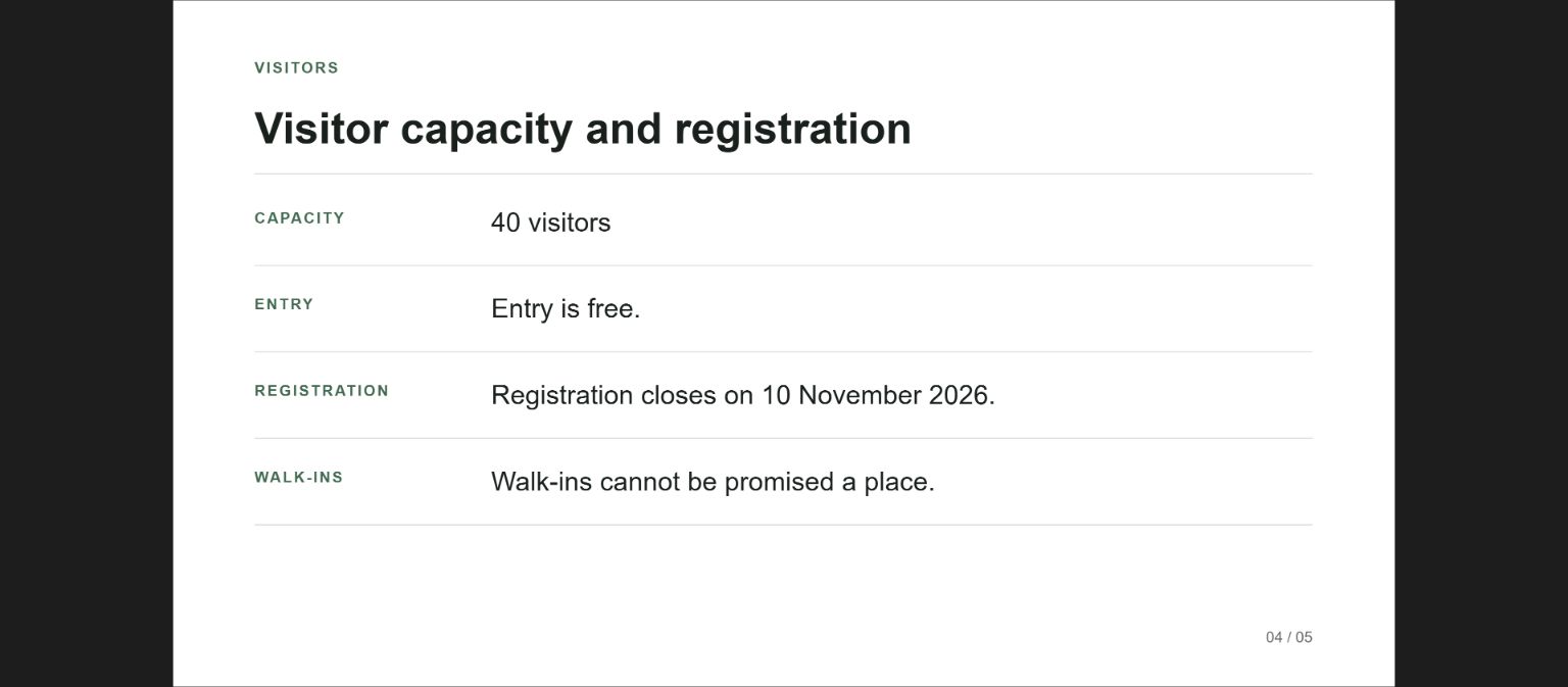 Kimi online presentation showing capacity, free entry, registration deadline and the walk-in condition on slide four