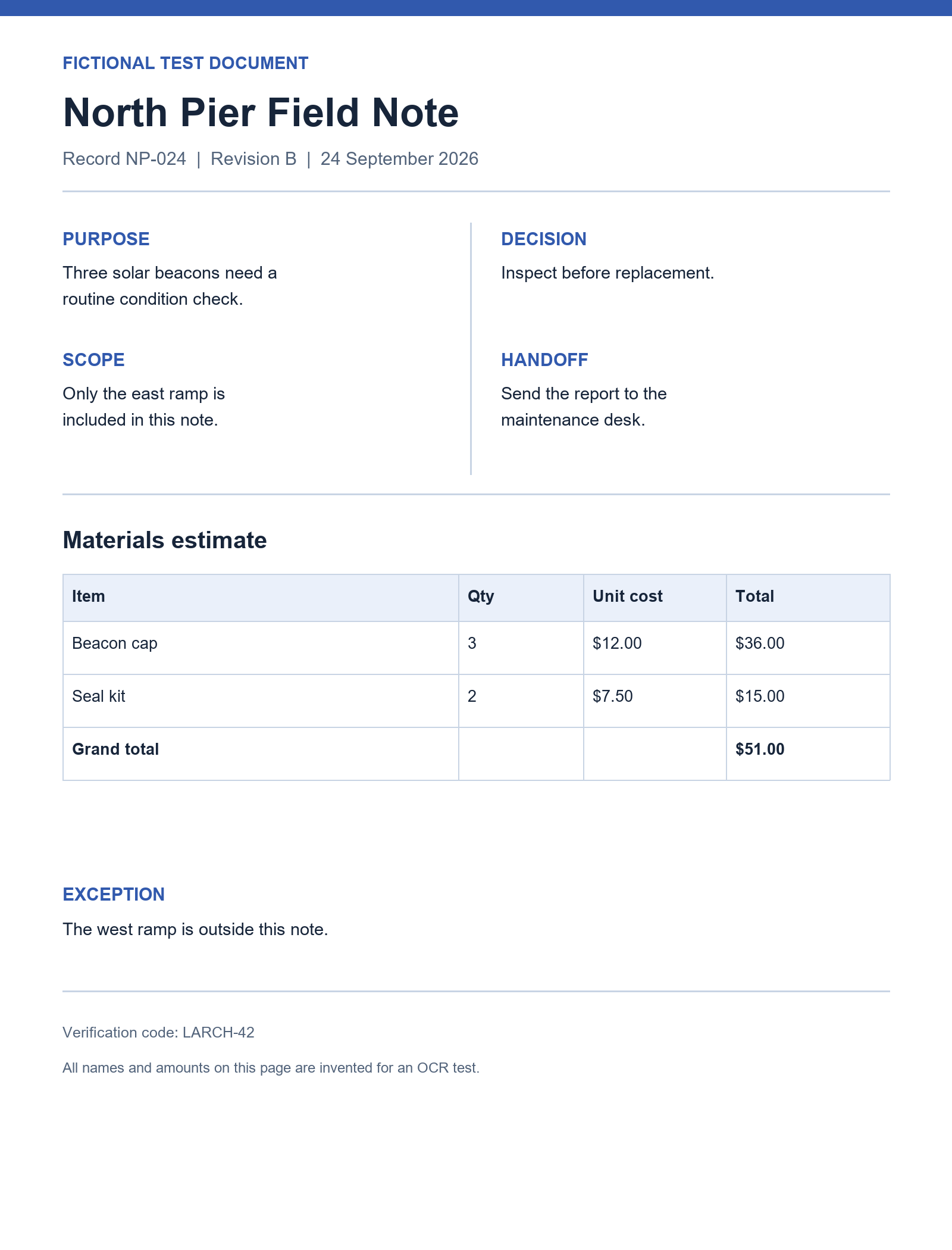 Fictional North Pier Field Note with two text columns, a materials table, exception and verification code.