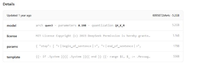 Ollama model details showing Qwen3 architecture, 8.19B parameters, Q4_K_M quantization, 5.2 GB listing and manifest prefix 6995872bfe4c.