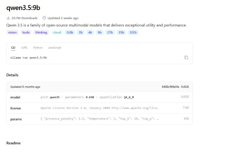 Official Ollama library entry for qwen3.5:9b showing a 6.6 GB download and Q4_K_M quantization.