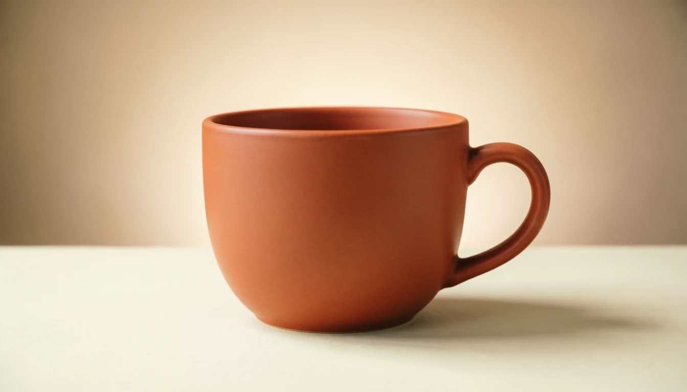 After the Qwen edit: a terracotta-orange mug with broadly similar framing and its handle on the right.