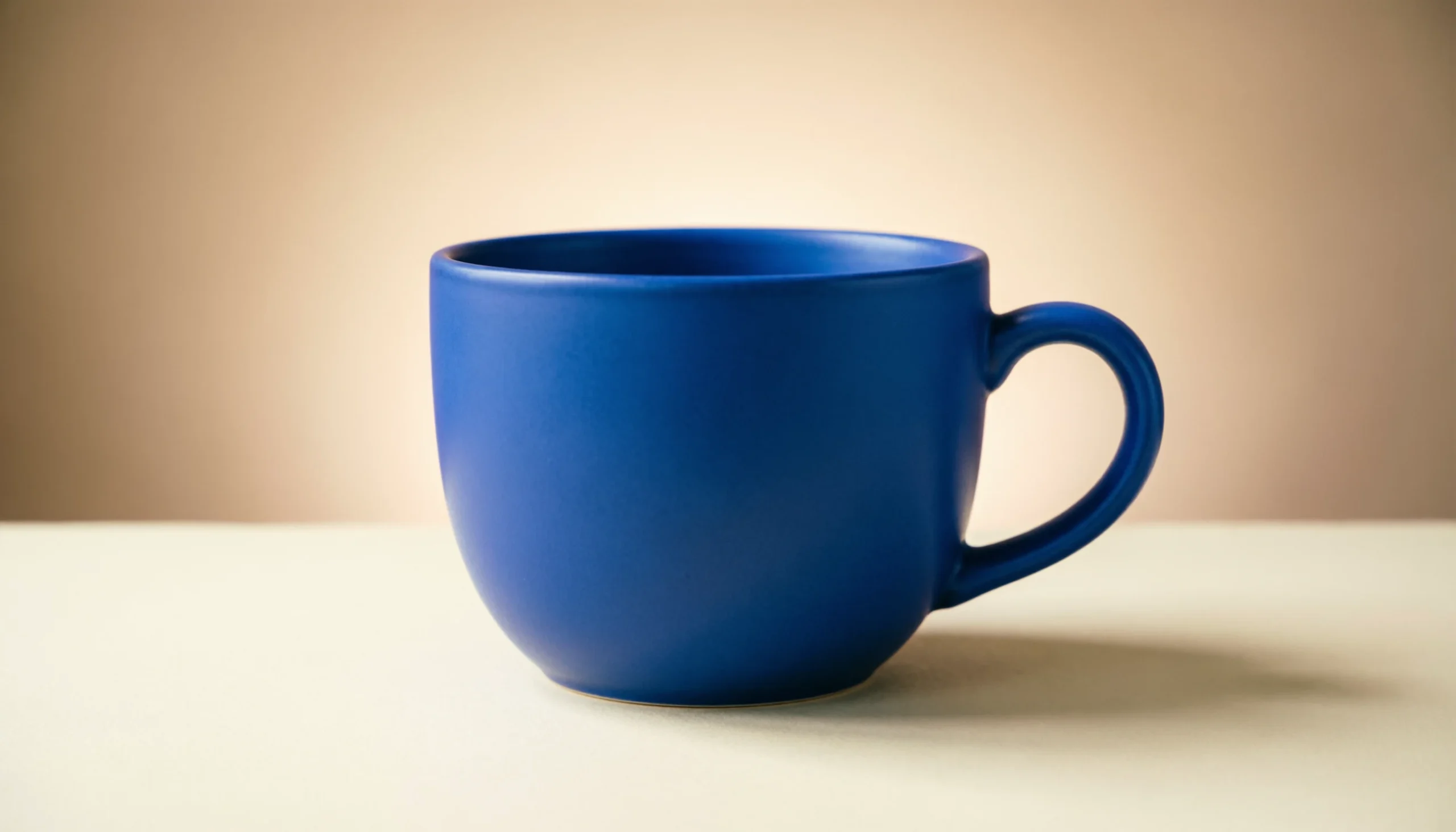 Before the Qwen edit: an AI-generated blue mug with a right-side handle on a cream tabletop.