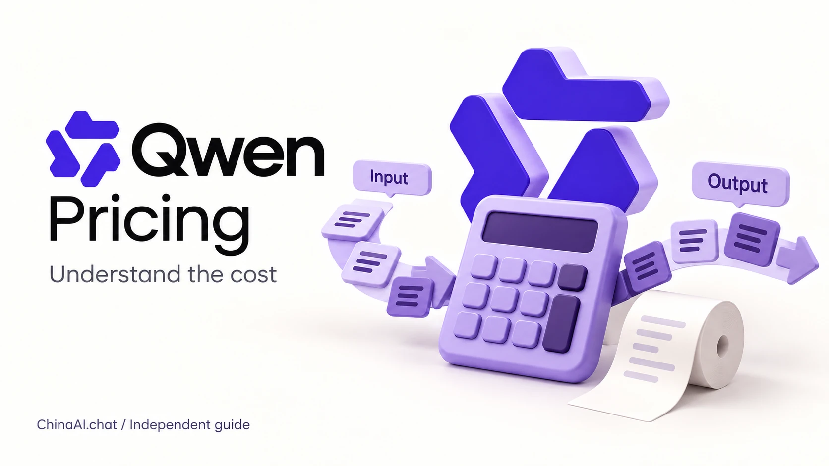 Qwen pricing illustration with a calculator, input and output tokens, and a receipt.