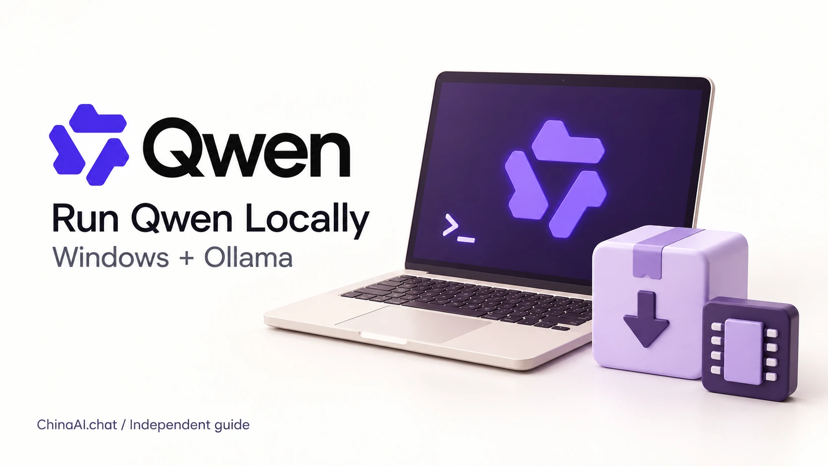 Illustration of a Qwen model on a local laptop beside a model package and memory chip.