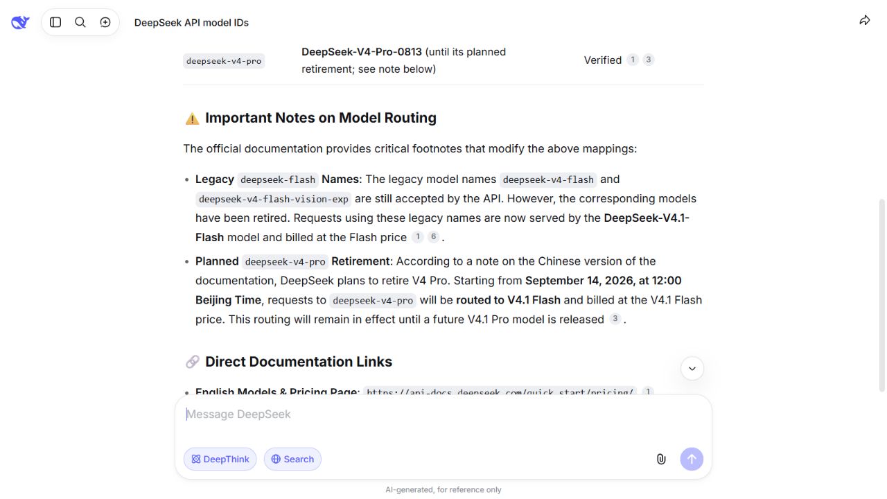DeepSeek Search answer alleging a V4 Pro retirement and routing date, with a citation marker to the Chinese pricing page; our review found no such note on that page.