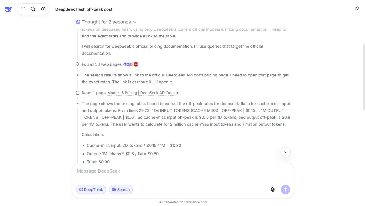 Official DeepSeek web chat with both DeepThink and Search selected; the answer displays a thought trace, web-page search and a read of DeepSeek's pricing page.