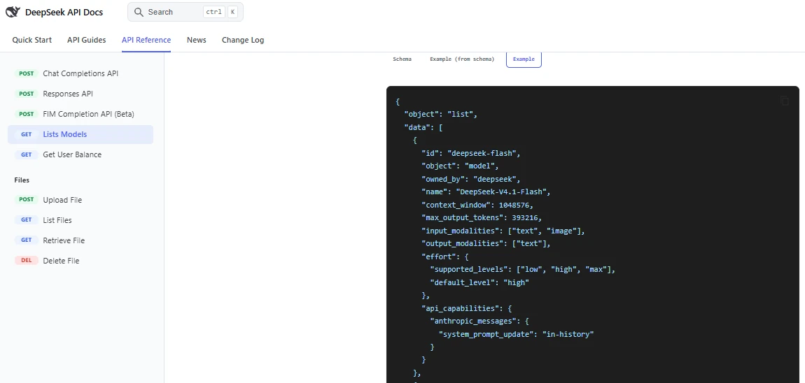 Official DeepSeek API documentation showing image input and text-only output for deepseek-flash