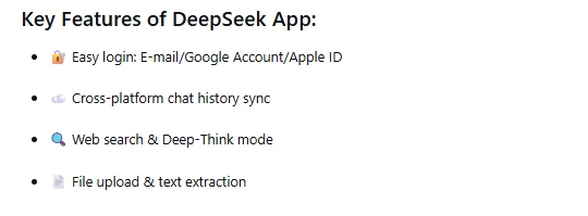Official DeepSeek app launch announcement listing file upload and text extraction among its features