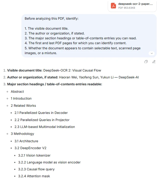 DeepSeek Chat identifying the uploaded PDF title, authors and section headings