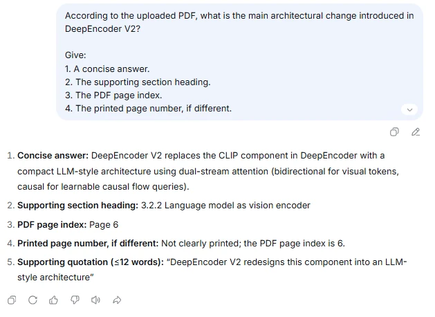 DeepSeek Chat answering a PDF question about DeepEncoder V2 with a section heading, page reference and supporting quotation