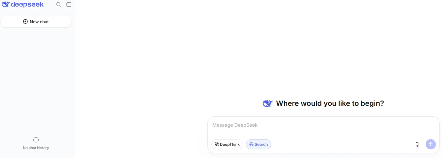 Official DeepSeek Chat interface showing the file attachment button beside the message box