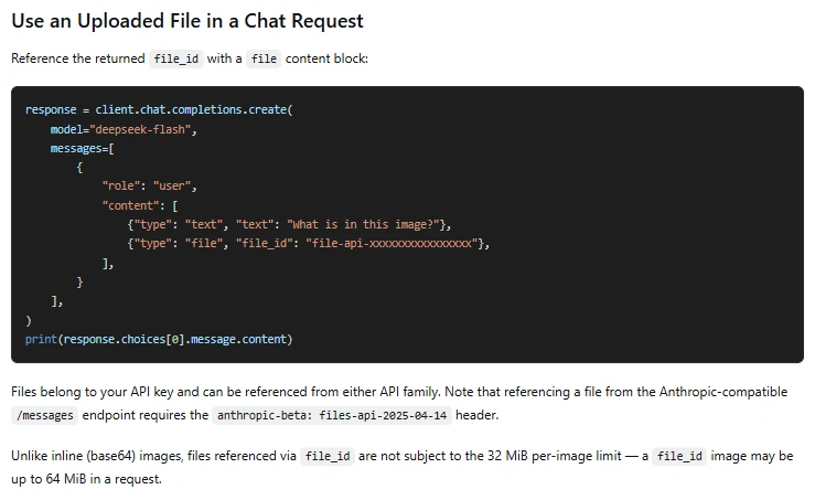 Official DeepSeek Files API example using file_id to reference an uploaded image in Chat Completions