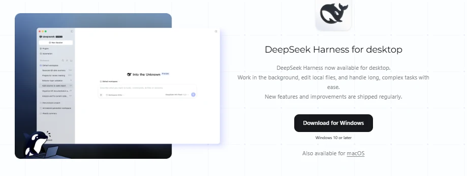 Official DeepSeek Harness desktop download page showing Windows installer and macOS download link