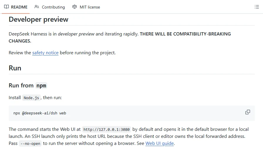 Official DeepSeek Harness GitHub README showing developer preview warning and local Web UI launch command