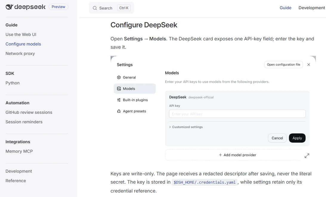 Official DeepSeek Harness guide showing Settings Models, DeepSeek API key field, and Add model provider option