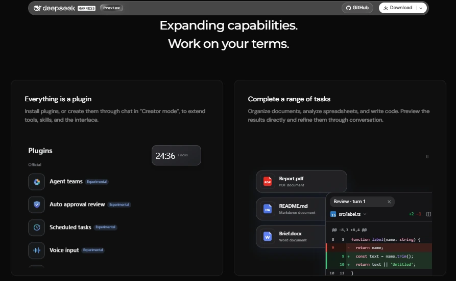 Official DeepSeek Harness plugin interface showing experimental agent teams, approval review, scheduled tasks and voice input