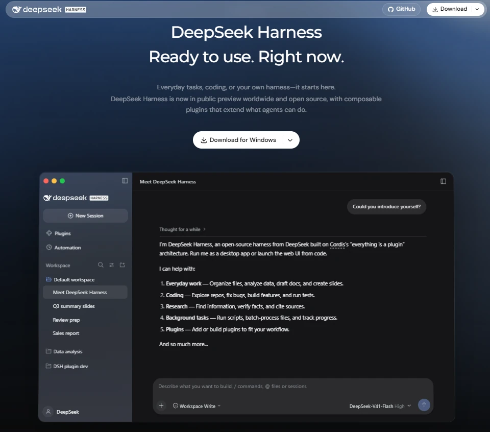 Official DeepSeek Harness public preview page showing the agent workspace interface and Windows download button