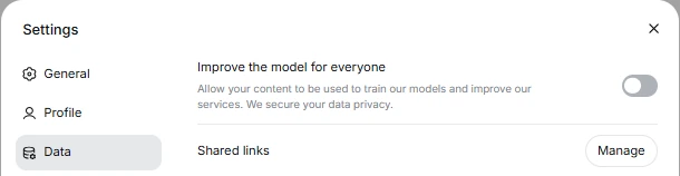 DeepSeek Chat Data settings showing the Improve the model for everyone option turned off
