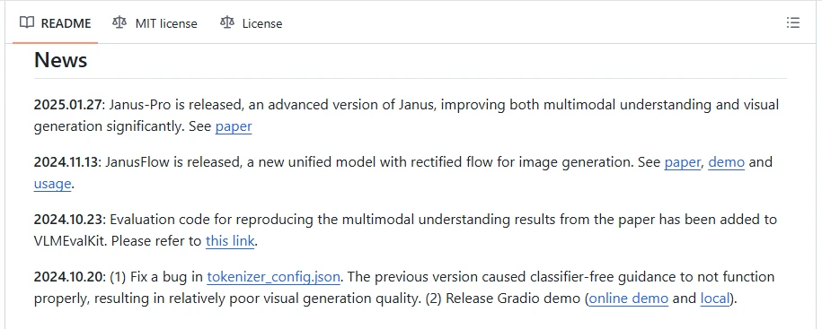 Official DeepSeek Janus GitHub README announcing Janus-Pro release on January 27, 2025