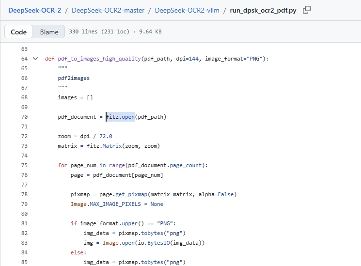 Official DeepSeek-OCR-2 PDF processing script showing 144 DPI rendering with PyMuPDF