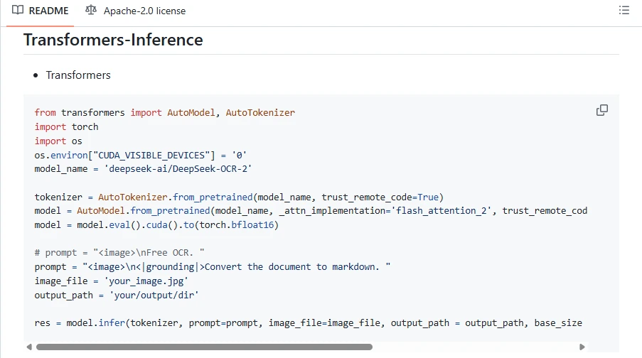 Official DeepSeek-OCR-2 Transformers inference code showing model loading, FlashAttention 2 and OCR prompts