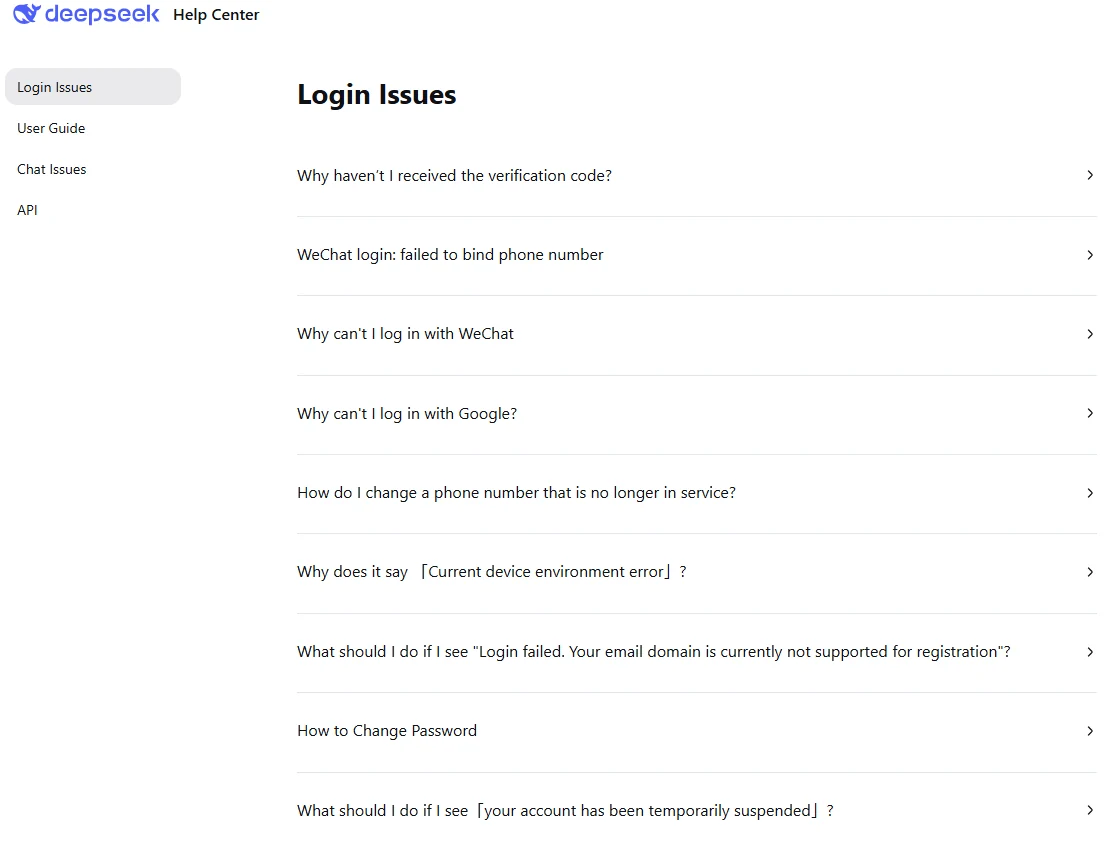 Official DeepSeek Help Center listing verification code, Google login, unsupported email domain and device environment errors