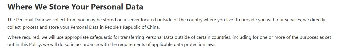 Official DeepSeek Privacy Policy stating that personal data is collected, processed and stored in the People's Republic of China