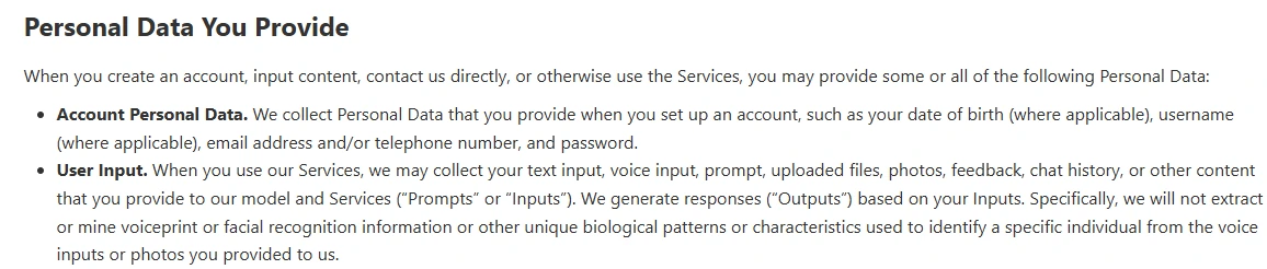Official DeepSeek Privacy Policy identifying uploaded files, prompts and chat history as user input