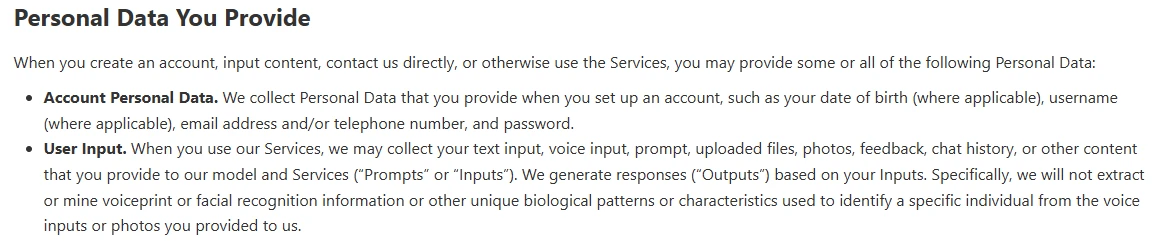 DeepSeek Privacy Policy listing prompts, uploaded files, photos, voice input and chat history as user input
