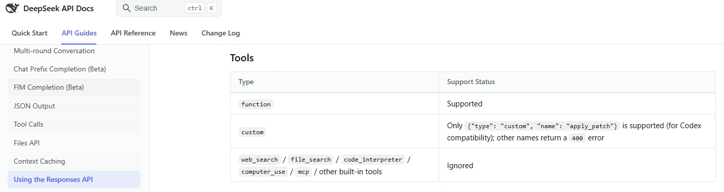 Earlier DeepSeek Responses API documentation capture; current model-specific search support is explained in the caption