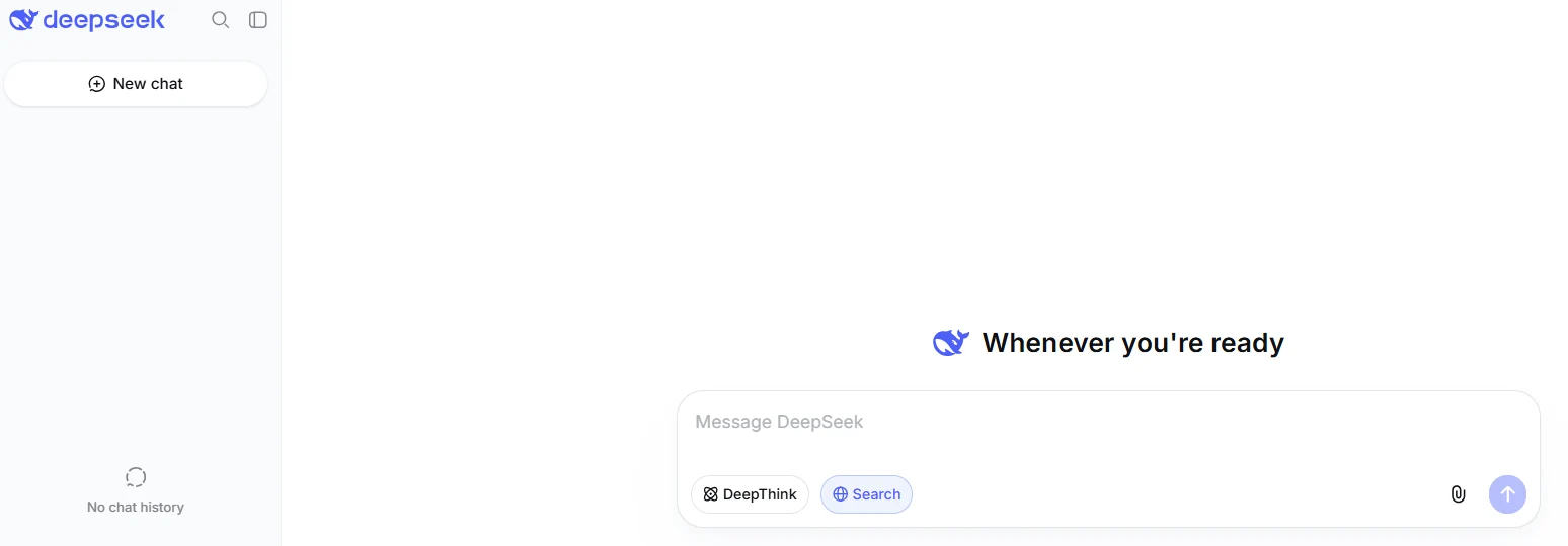 Official DeepSeek Chat interface showing Search enabled and DeepThink disabled as separate controls
