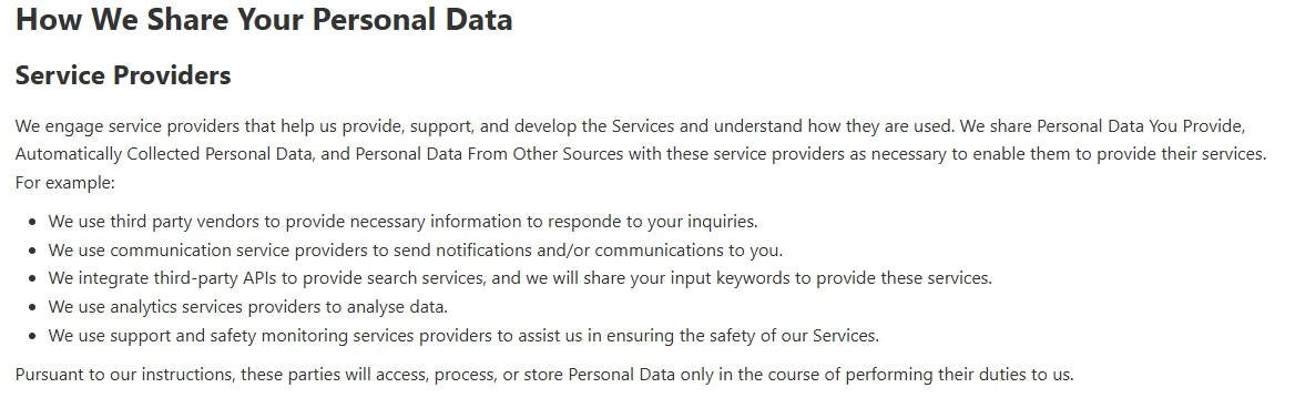 Official DeepSeek Privacy Policy explaining that input keywords are shared with third-party APIs for search services