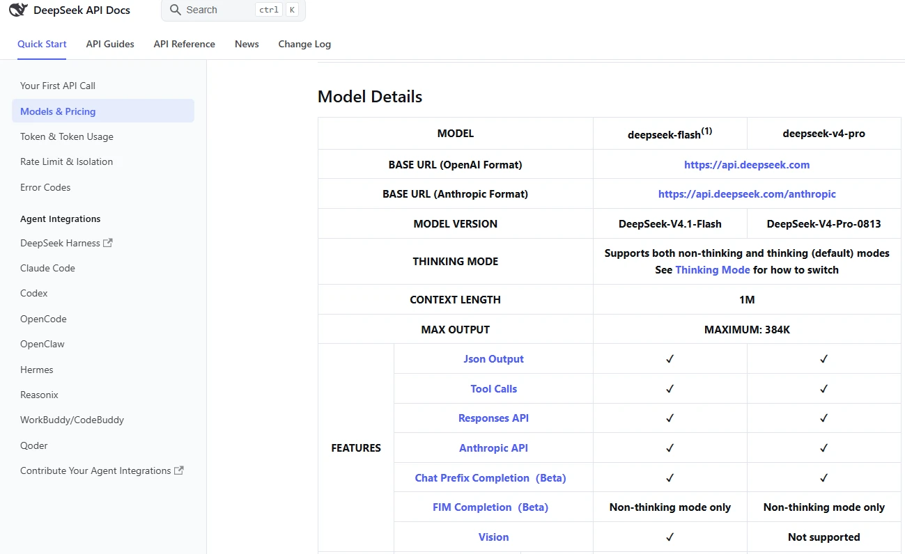 Official DeepSeek API comparison of V4.1 Flash and V4 Pro model versions, context limits, features and vision support