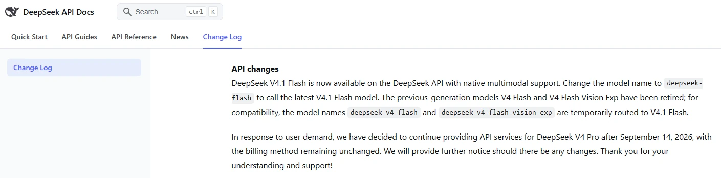 Official DeepSeek API change log confirming continued V4 Pro service and legacy Flash aliases routed to V4.1 Flash