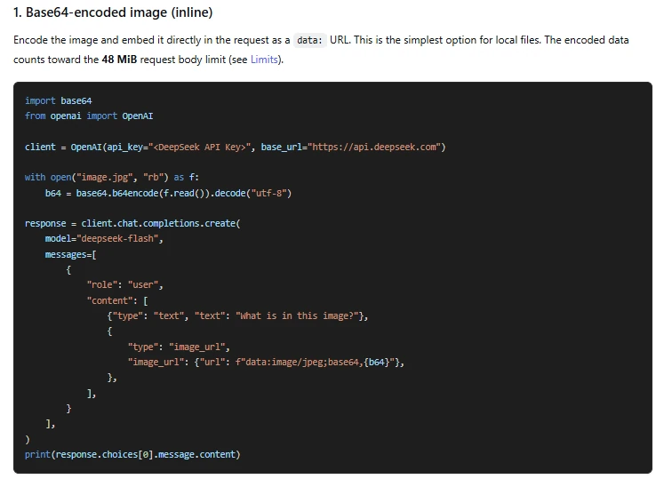 Official DeepSeek Vision API Python example sending a Base64 image using deepseek-flash and image_url