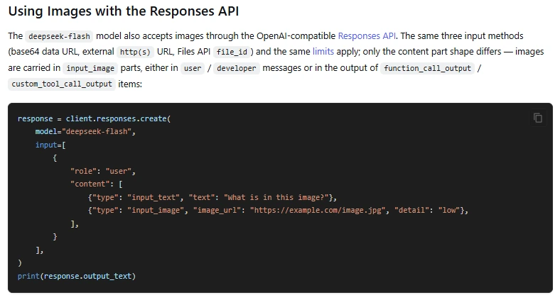 Official DeepSeek Vision Responses API example using input_image and input_text with deepseek-flash