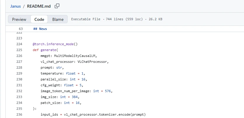 Official DeepSeek Janus reference generation code showing img_size set to 384 pixels