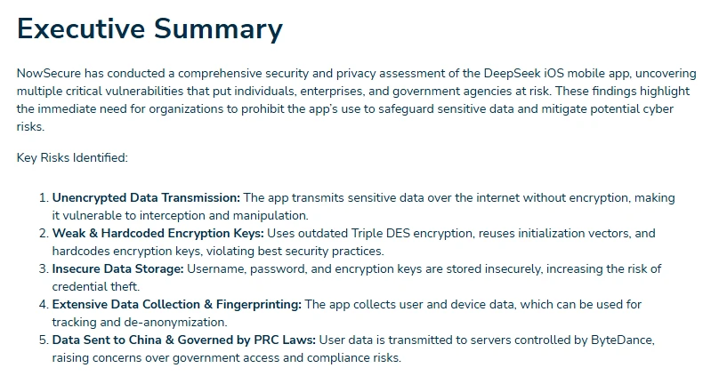 NowSecure February 2025 security assessment of DeepSeek iOS app showing encryption, storage and privacy findings