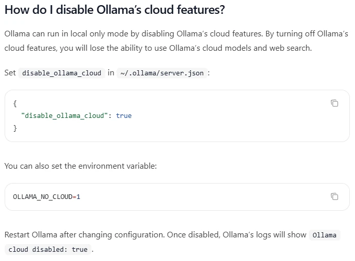 Official Ollama documentation showing local-only mode, disable_ollama_cloud and OLLAMA_NO_CLOUD=1 settings