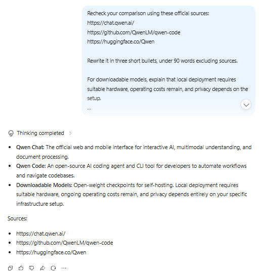 Qwen Chat comparing its chat service, coding agent, and downloadable models with links to official sources