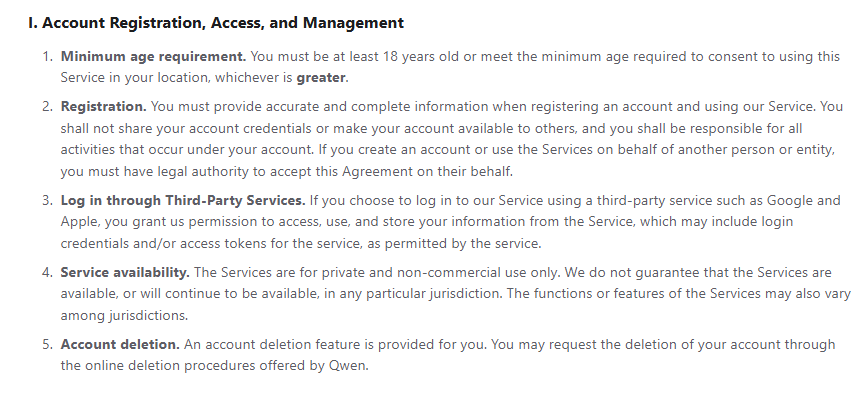 Qwen Terms of Service showing the private and non-commercial use restriction under Service availability