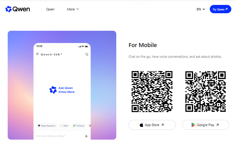 Official Qwen mobile download page with QR codes and links to the App Store and Google Play